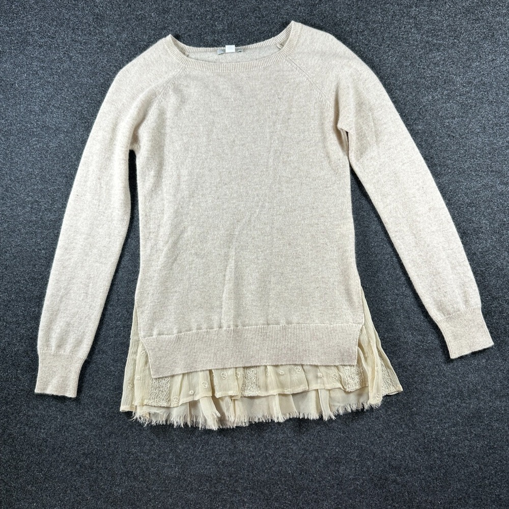 Garnet Hill Sweater Size XS Cashmere Oatmeal Beige Shirt Tail Ruffle Trim